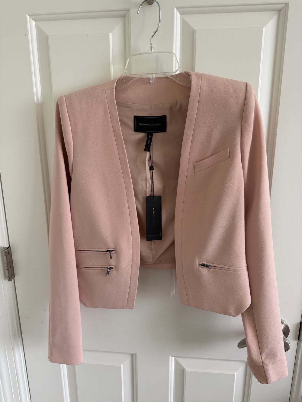BCBGMaxAzria Blush Pink Open-Front Zip-Pocket Blazer - Picture 1 of 3